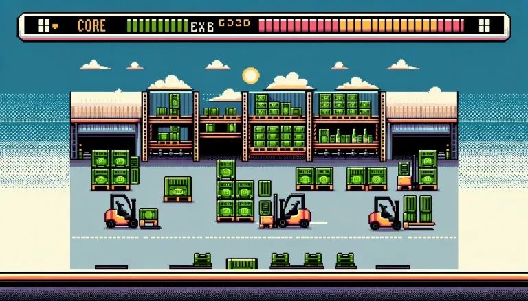 arcade spel waarin heftrucks groene kratten rondrijden