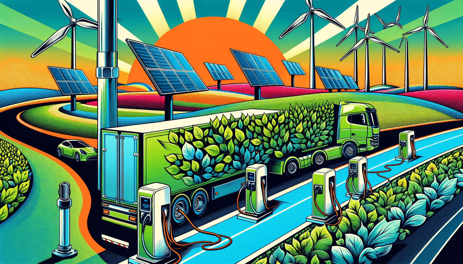 Elektrische vrachtwagens aan de lader met windmolens en zonnepanelen