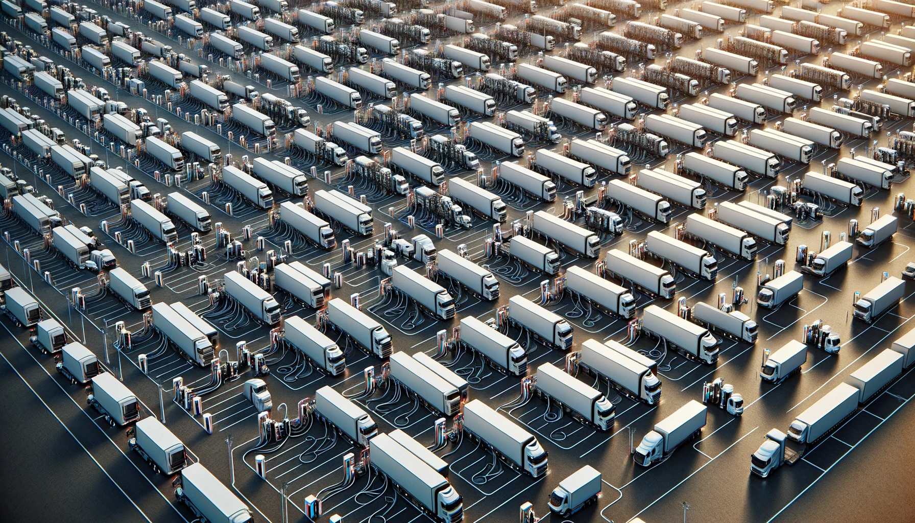 Parkeerplaats vol elektrische vrachtwagens die aan het laden zijn