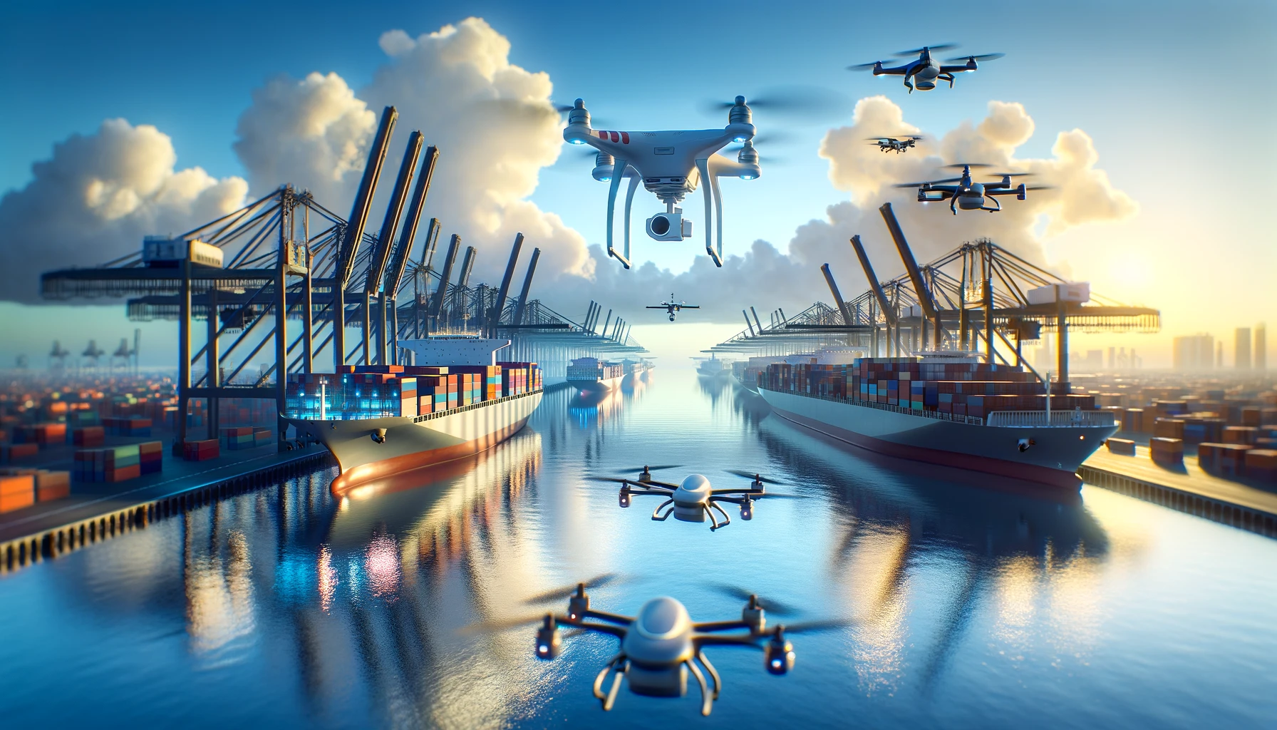 Drones in een haven met containerschepen en kades met containers en kranen
