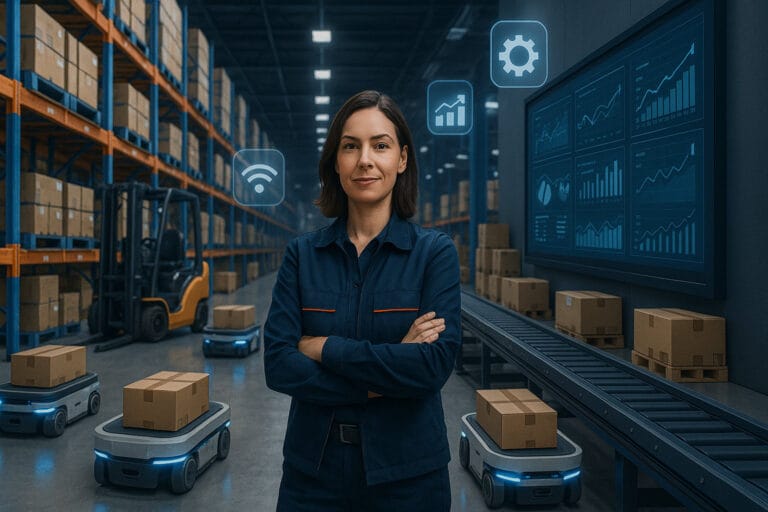 Vrouwelijke magazijnmedewerker met robots in een magazijn