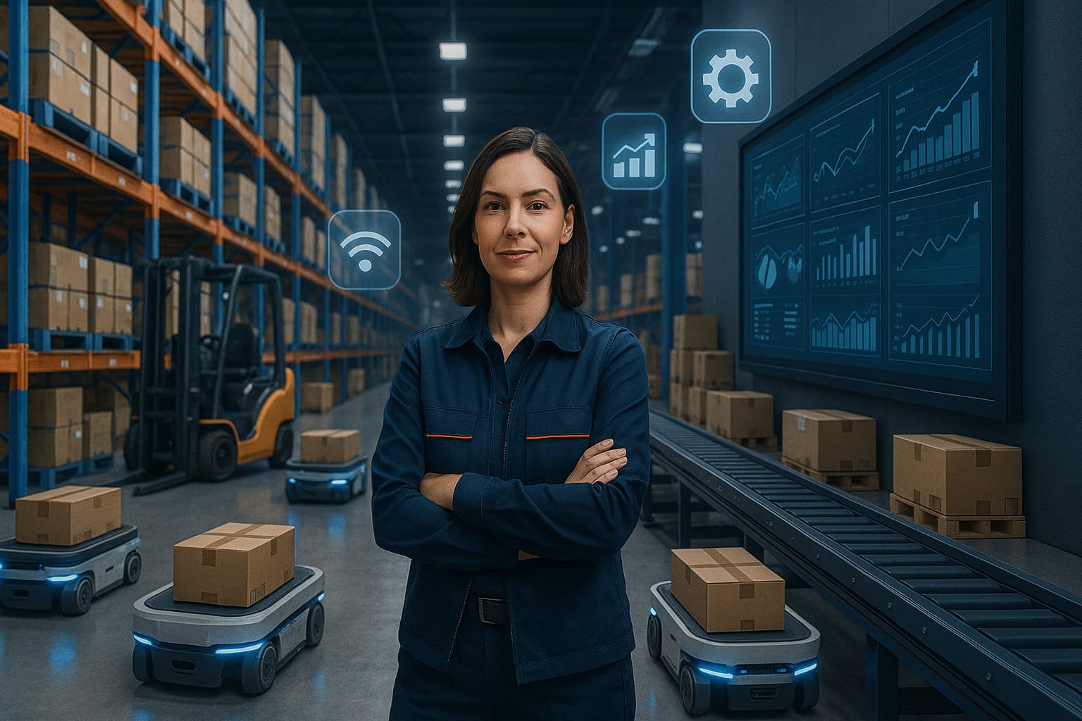 Vrouwelijke magazijnmedewerker met robots in een magazijn