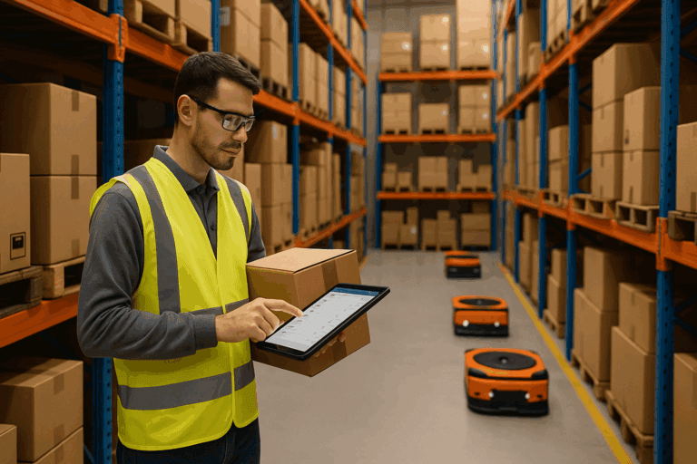 Man in warehouse met tablet en AMRs