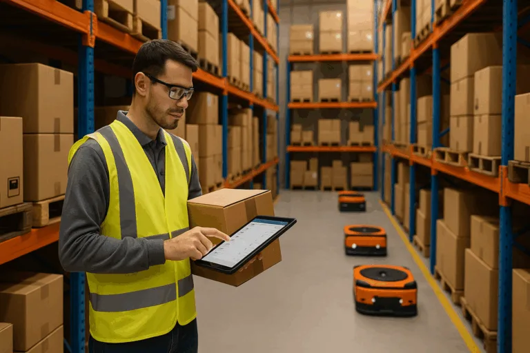 Man in warehouse met tablet en AMRs
